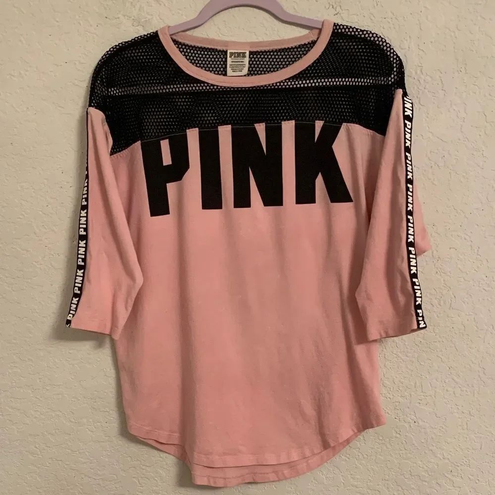 PINK Victoria's Secret Pink and Black 3/4 Sleeve Mesh Top Size S